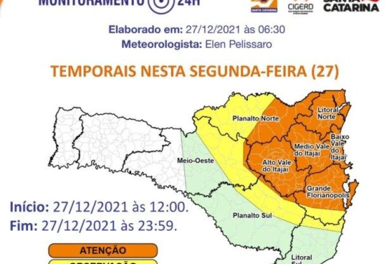 Defesa Civil emite alerta de temporais para Jaraguá do Sul e região
