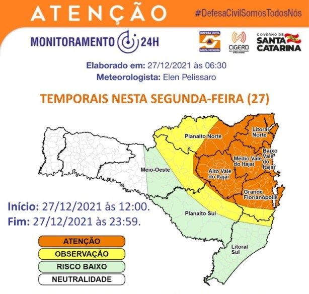 Defesa Civil emite alerta de temporais para Jaraguá do Sul e região - Crédito: Divulgação