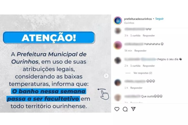 Prefeitura viraliza com publicação sobre 'banho facultativo' por conta do frio - Crédito: Divulgação 