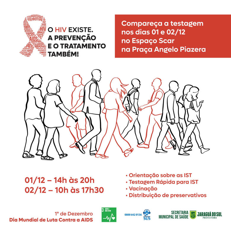 Dia Mundial de Combate à Aids: Saúde fará ação na Praça Ângelo Piazera, em Jaraguá - Crédito: Divulgação / Prefeitura de Jaraguá do Sul